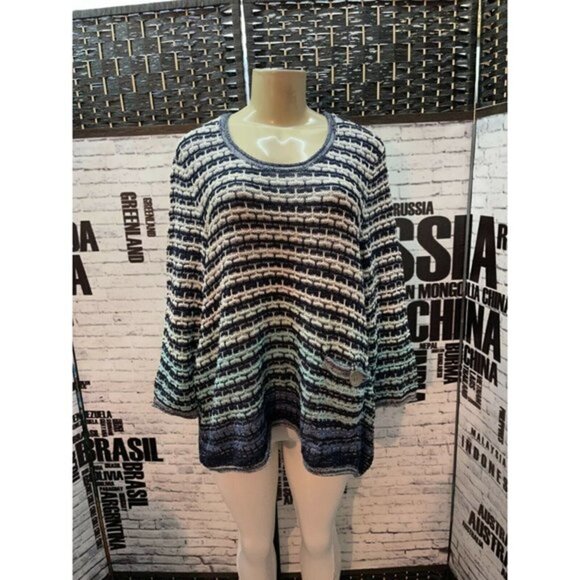 JM Collection Plus 2X Navy Color Striped Textured Weave 3/4 Sleeve Sweater - Picture 1 of 6